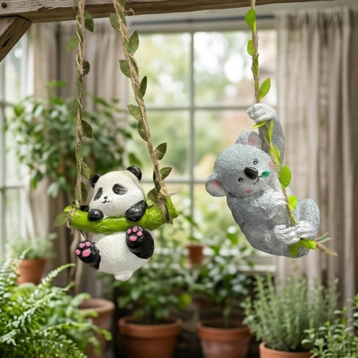 Wonderland Adorable Koala and Panda Hanging Garden Statues – 2-Piece Resin Animal Climber Set for Flower Pots, Fences, and Indoor Decor