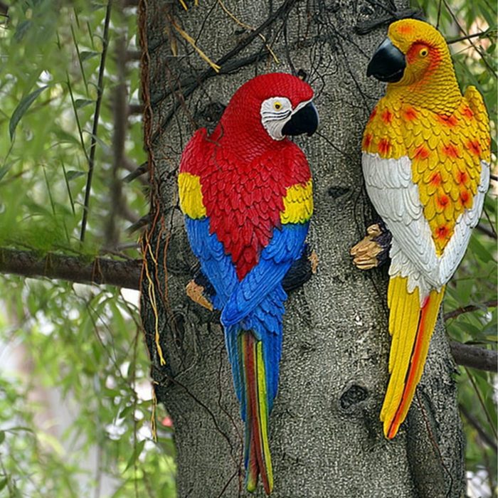 Set of 2 Lifelike Tropical Macaw Parrot Garden Statues – Weather-Resistant Resin Bird Sculptures for Outdoor Tree Decor, Patio, and Home Wall Accents