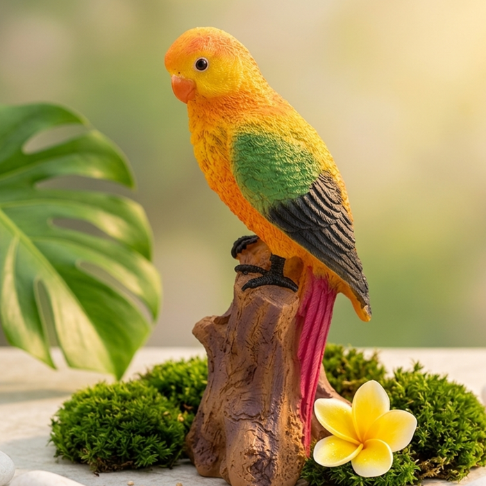Vibrant Tropical Parrot Garden Statue – Hand-Painted Resin Macaw Figurine on Tree Stump Base – Weather-Resistant Indoor/Outdoor Home & Patio Decor