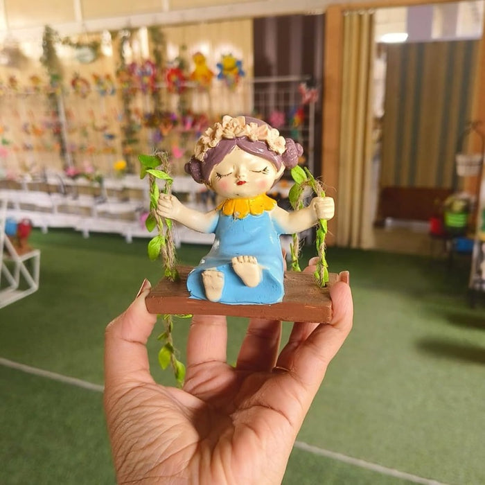Whimsical Hanging Garden Fairies on Swings – Set of 2 Hand-Painted Resin Figurines with Decorative Leaf Vines-white &blue3.5x2.1x3.6inch