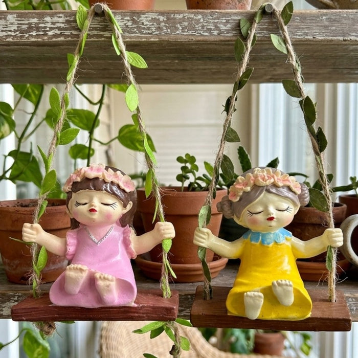Wonderland Hand-Painted Garden Fairies on Hanging Swings – Set of 2 Whimsical Outdoor/Indoor Decorative Figurines with Faux Vine Ropes- Pink & Yellow- 3.5x2.1x3.6inch