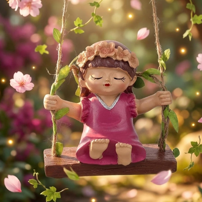 Wonderland Hand-Painted Garden Fairies on Hanging Swings – Set of 2 Whimsical Outdoor/Indoor Decorative Figurines with Faux Vine Ropes- Pink & Yellow- 3.5x2.1x3.6inch