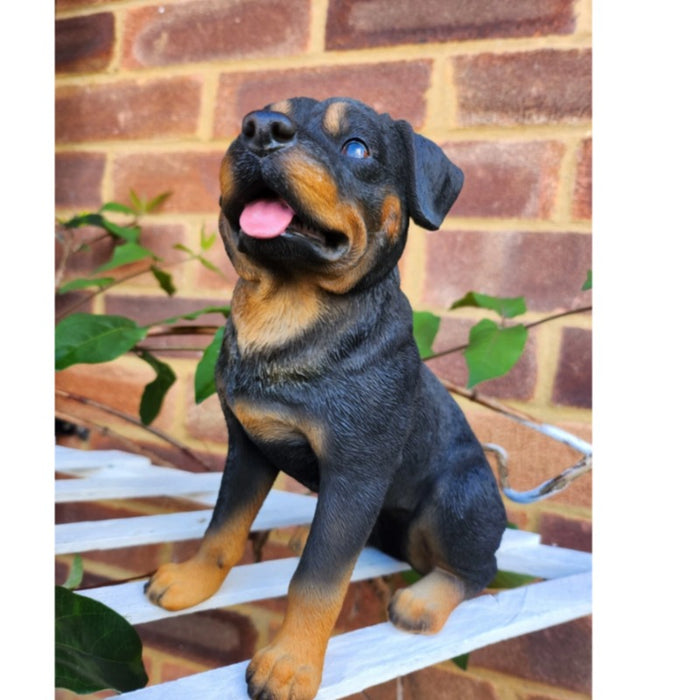 Playful Puppy Garden Figurine – Realistic Black and Tan Dog Statue for Indoor/Outdoor Home Décor-4x2.6x7.5inch
