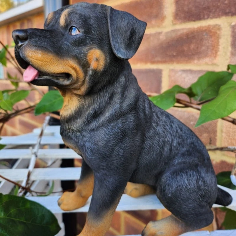 Playful Puppy Garden Figurine – Realistic Black and Tan Dog Statue