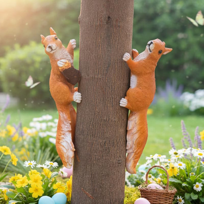 Wonderland Whimsical Climbing Squirrel Garden Statues (Set of 2) – Realistic Resin Tree Hugger Sculptures for Outdoor Decor and Patio Accents- 3x3x13 inch