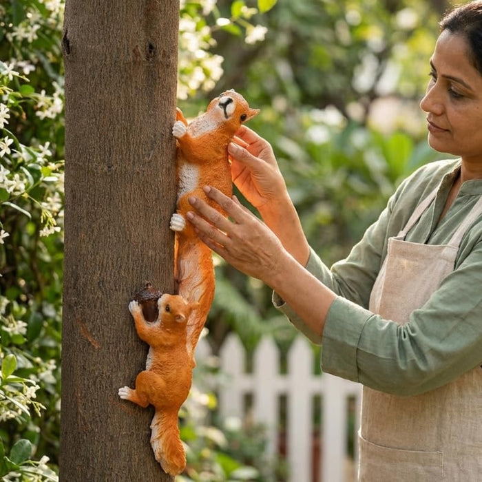 Wonderland Whimsical Climbing Squirrel Garden Statues (Set of 2) – Realistic Resin Tree Hugger Sculptures for Outdoor Decor and Patio Accents- 3x3x13 inch