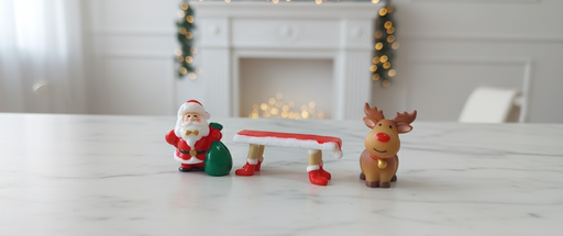 Close-up of three miniature Christmas figures—Santa Claus holding a green sack, a red and white holiday bench, and a brown reindeer—placed on a light brown wooden desk, clearly visible for product photography.