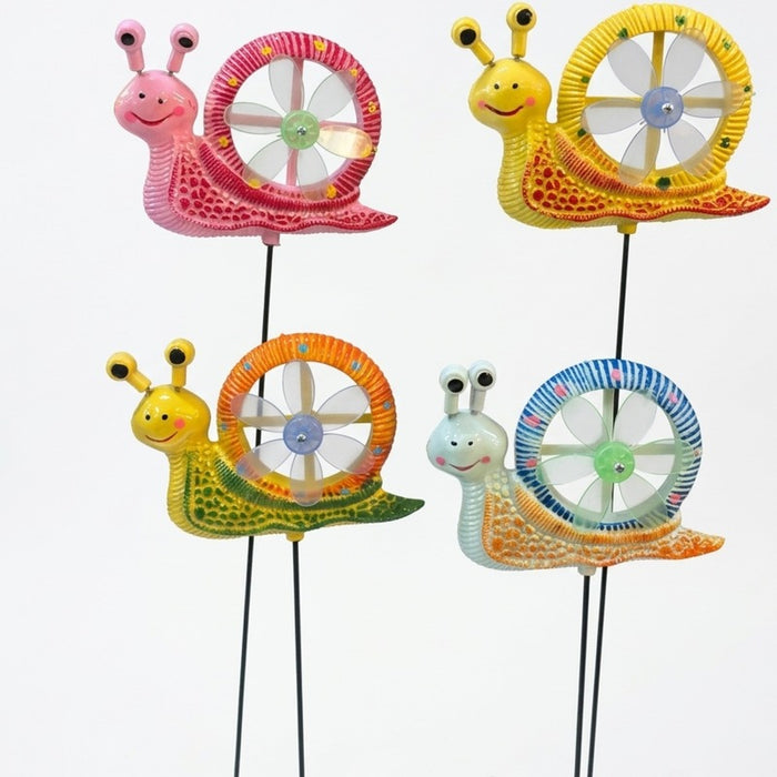 Whimsical Snail Garden Stakes with Spinning Windmill Shells