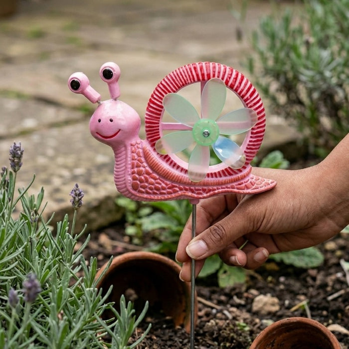 Whimsical Snail Garden Stakes with Spinning Windmill Shells