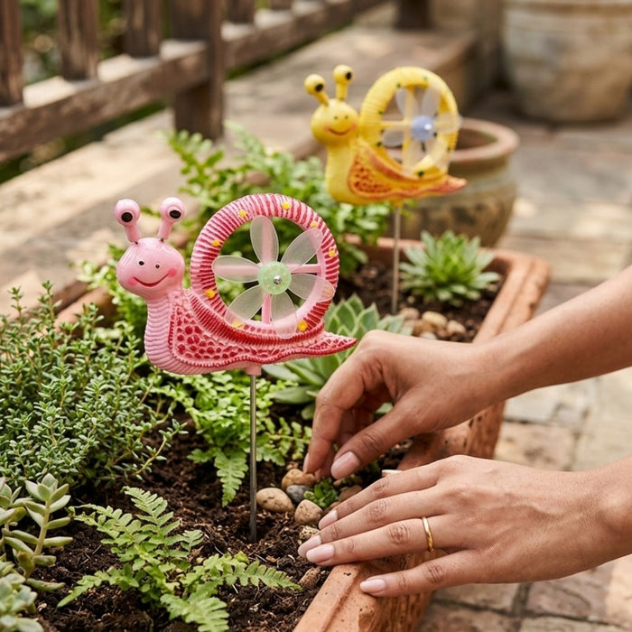 Whimsical Snail Garden Stakes with Spinning Windmill Shells