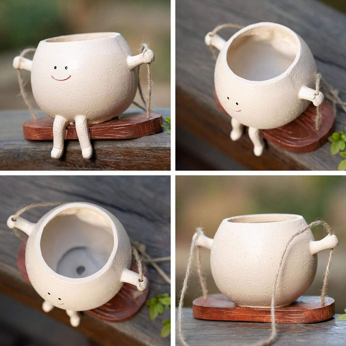Wonderland Whimsical Hanging Swing Planter – Handcrafted Ceramic Succulent Pot with Cute Smiley Face Character for Indoor & Outdoor Décor- Plant Not Included