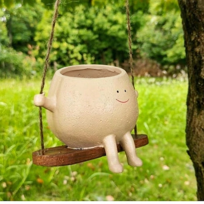 Wonderland Whimsical Hanging Swing Planter – Handcrafted Ceramic Succulent Pot with Cute Smiley Face Character for Indoor & Outdoor Décor- Plant Not Included