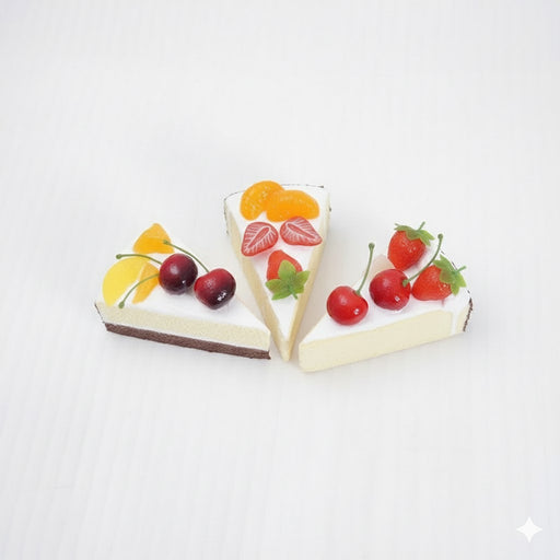 Set of 3 realistic non-edible cake slices with assorted fruit toppings (cherries, strawberries, blueberries, peaches) for decorative display or photography props.