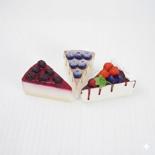 Set of 3 realistic non-edible cake slices with assorted fruit toppings (cherries, strawberries, blueberries, peaches) for decorative display or photography props.