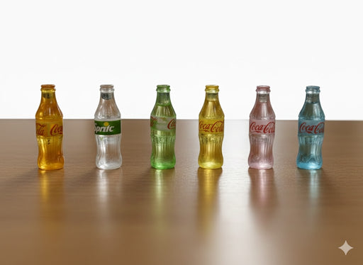 Six miniature glass soda bottles (Coca-Cola and Sprite) lined up on a wooden surface, featuring different colors: amber Coke, clear Sprite, green Coke, yellow Coke, pink Coke, and blue Coke.