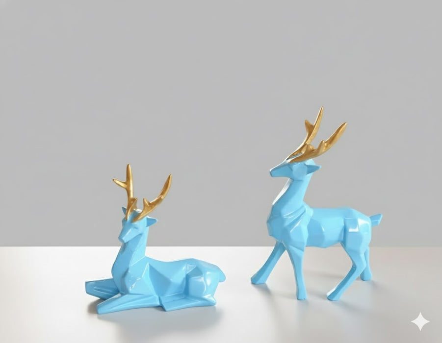 Blue geometric deer showpiece set, including a sitting showpiece and a standing showpiece with gold antlers.