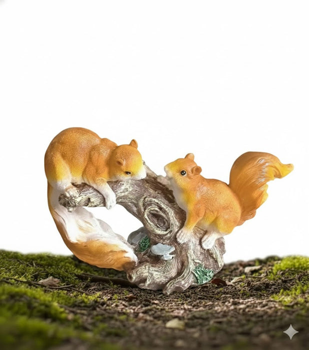 Two adorable resin squirrel figurines perched on a faux tree branch stump, set against a mossy ground. One squirrel is looking down and resting, while the other is looking up and climbing. Ideal for fairy gardens or miniature nature displays.