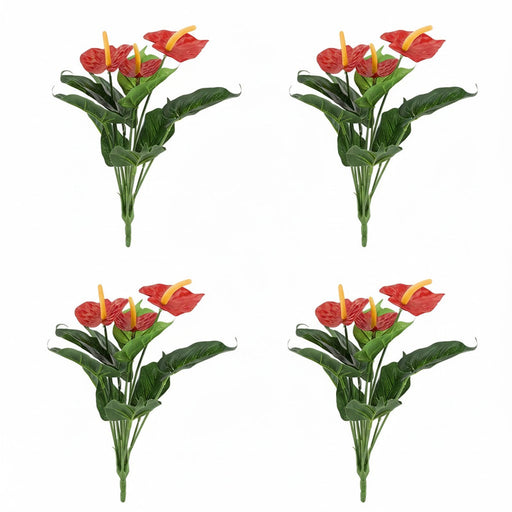 Set of 4 realistic red Anthurium artificial flowers with waxy heart-shaped leaves and yellow spadix for indoor home office decor.