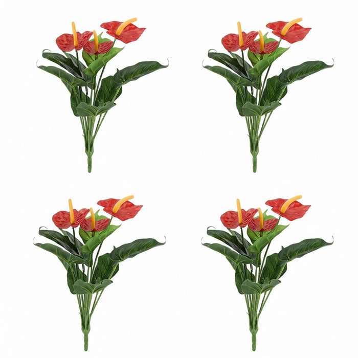 Set of 4 realistic red Anthurium artificial flowers with waxy heart-shaped leaves and yellow spadix for indoor home office decor.