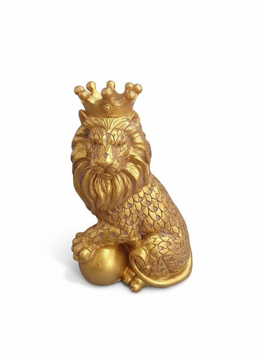 Majestic golden lion statue wearing a royal crown, luxury home decor sculpture for modern living room.