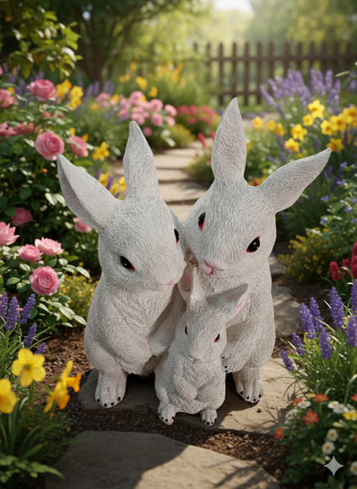 Three joint rabbit figurines in a family huddle, made of textured white resin.