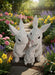Three joint rabbit figurines in a family huddle, made of textured white resin.