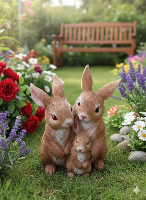 Three joint rabbit figurines in a family huddle, made of textured dark brown resin.