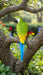 Vibrant green, yellow, and blue parrot figurine with a long tail against a gray textured background.