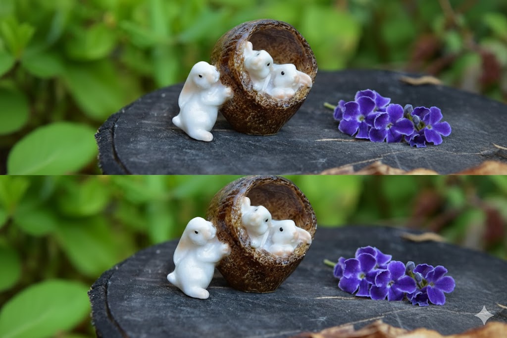 Set of two identical images showing tiny ceramic white bunny rabbit figurines, one leaning against a small brown woven pot containing two other bunnies, next to a cluster of purple flowers, all resting on a dark wood slice outdoors.