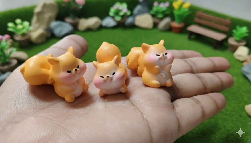 Three adorable miniature orange-and-white squirrel figurines with blushed cheeks held in an open hand, displayed in front of a blurred fairy garden scene with green moss, tiny rocks, plants, and a miniature bench.