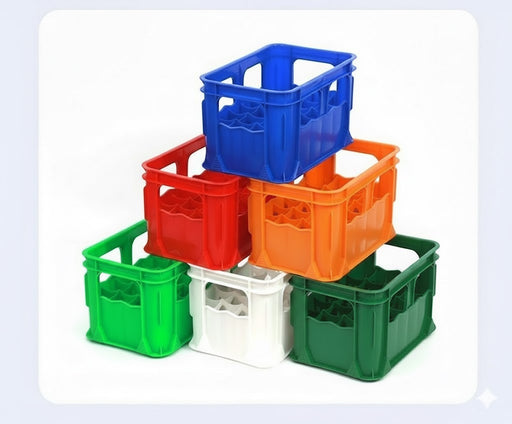 Stack of colorful plastic bottle crates