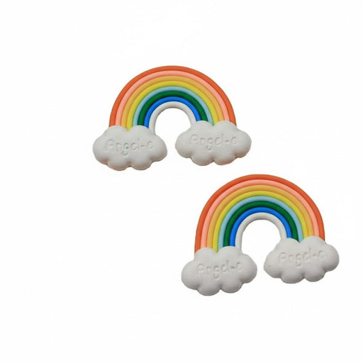 Pair of colorful, personalized rainbow and cloud flatback decorations with the word "Angel-o" inscribed on the clouds.