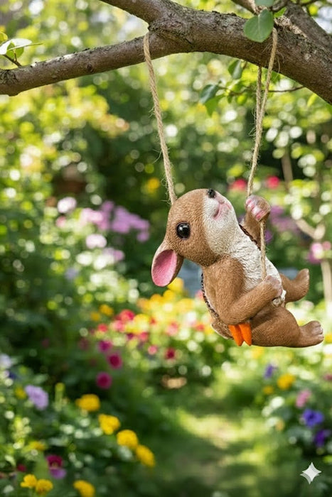 Cute ceramic or resin squirrel/chipmunk garden ornament swinging from a tree branch on a rope swing in a lush, sunny garden with colorful flowers in the background. (