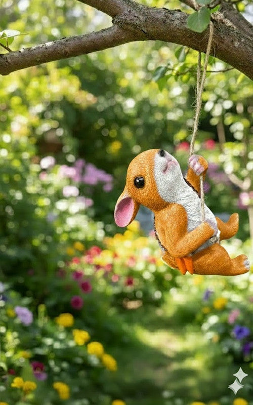 A small, bright orange resin rabbit figurine sitting up on its hind legs, looking upwards. It has pink inner ears and a white chest/paws, and is wearing a delicate chain with a small, orange rectangular purse/pouch around its neck.