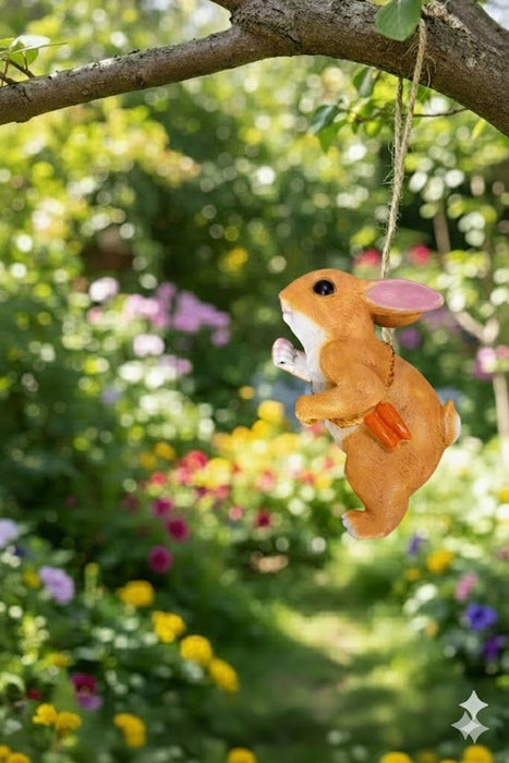 A small, vibrant Brown resin rabbit figurine designed to hang or cling to an edge. The bunny has pink ears, white paws/chest, and wears a tiny orange purse on a chain around its body, looking upwards.