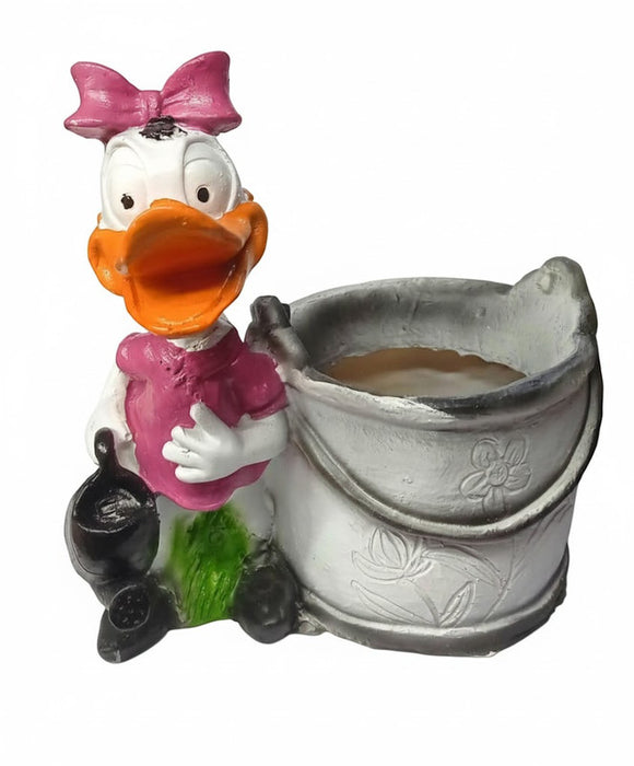 Duck cartoon character planter/pot holding a watering can next to a white bucket.