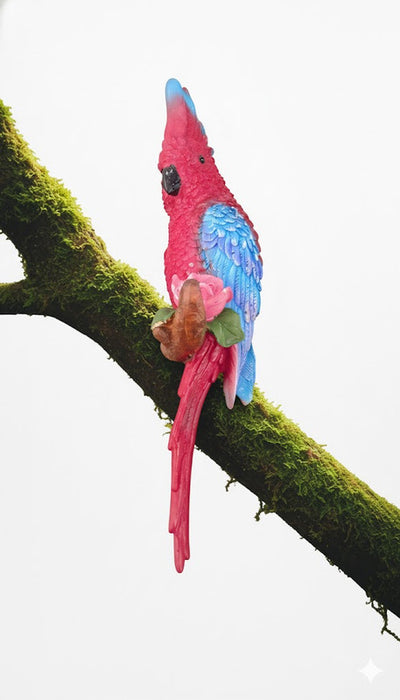 A bright, colorful decorative figurine of a parrot or macaw, primarily in hot pink and blue, perched on a thick, moss-covered tree branch, holding a rose in its claw.