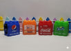 Collection of tiny, realistic miniature soda bottle four-packs in cardboard carriers, ideal for dollhouse or diorama display.
