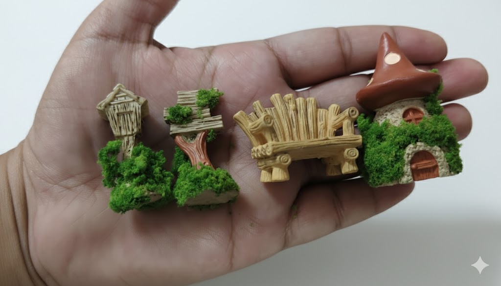 A set of four miniature fairy garden accessories held in a hand, including a wooden birdhouse, a rustic moss-covered wooden chair, a small wooden bench, and a whimsical stone mushroom house covered in green moss.