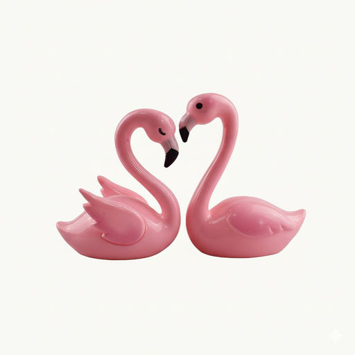 Pink flamingo couple making heart shape with necks, decorative figurine, love symbol.