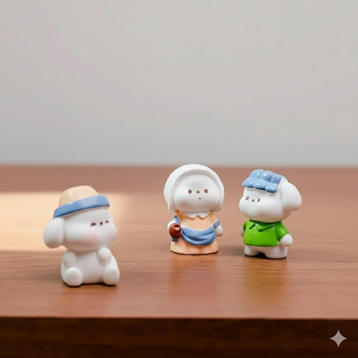 "Miniature collectible puppy dog figurines for desk or miniature garden display."