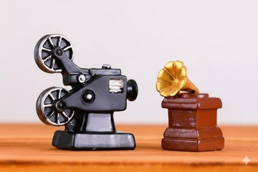 Miniature black vintage film projector and brown gramophone with gold horn on a wooden surface.