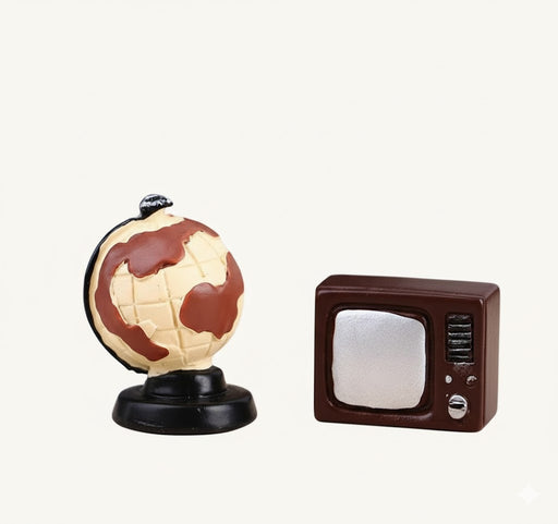 Miniature vintage brown TV and small globe figurine