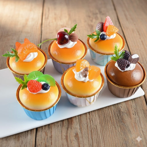 Set of 6 realistic artificial muffins/cupcakes with various faux fruit and cream toppings, displayed in individual paper wrappers.