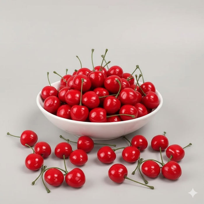 Set of 20 realistic artificial red cherries with green stems shown overflowing from a clear glass bowl onto a white surface. Ideal for photo props and home kitchen decor.