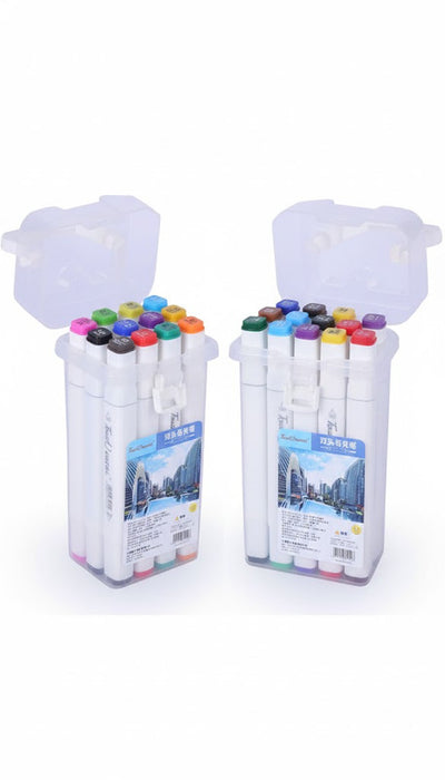 A simple image showing a row of white marker pens with colored caps on a wood surface.