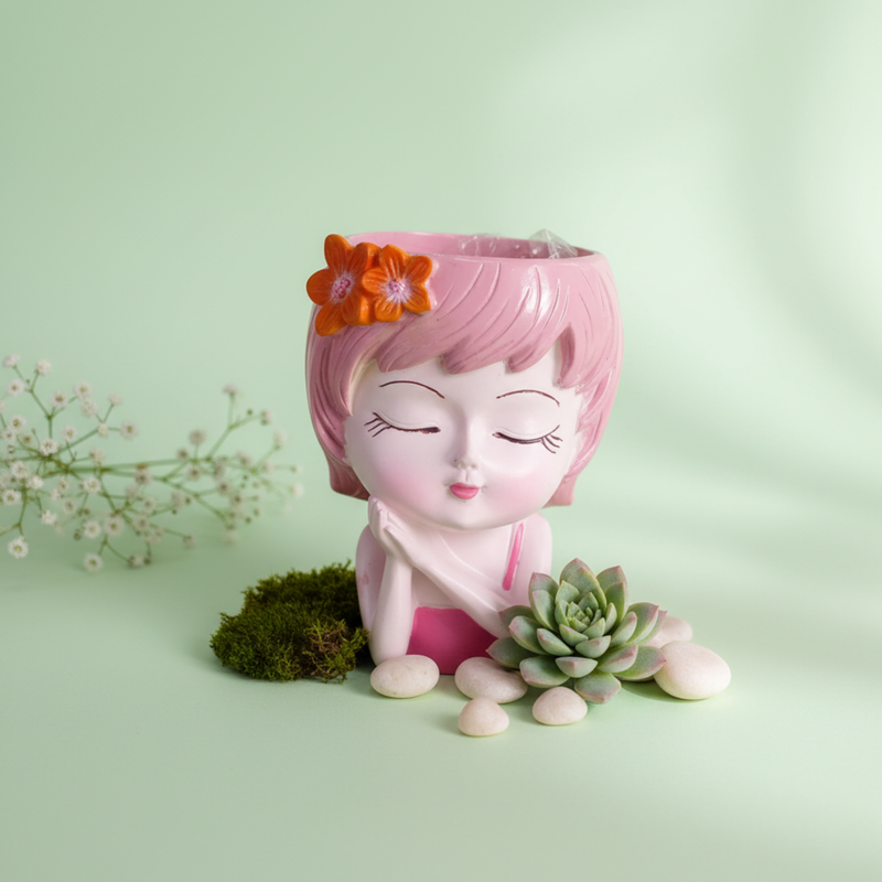 Wonderland 6 Inch Adorable "Dreaming Girl" Resin  Planter – Decorative Pink Head Vase for Indoor Plants, Cute Face Pot for Home & Office Décor- 3.5x2.5x6 inch(Plant Not Included)
