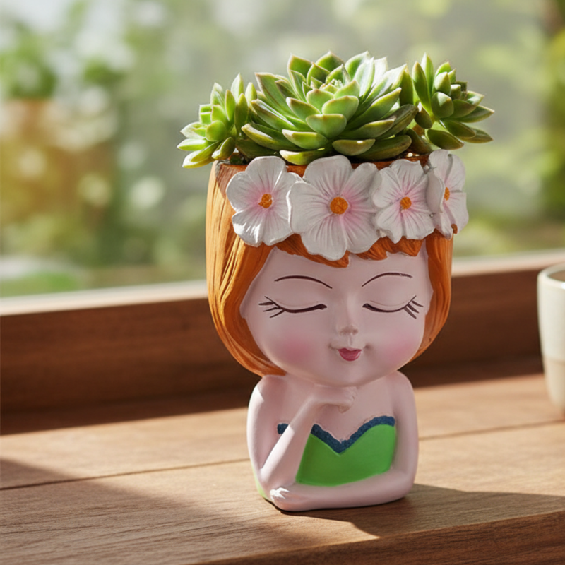 Wonderland 6 inch Whimsical Girl Head Planter –  Pot with Flower Crown & Hand-Painted Detail – Decorative Resin Face Vase for Indoor Plants- 3.5x2.5x6 inch(Plant Not Included)