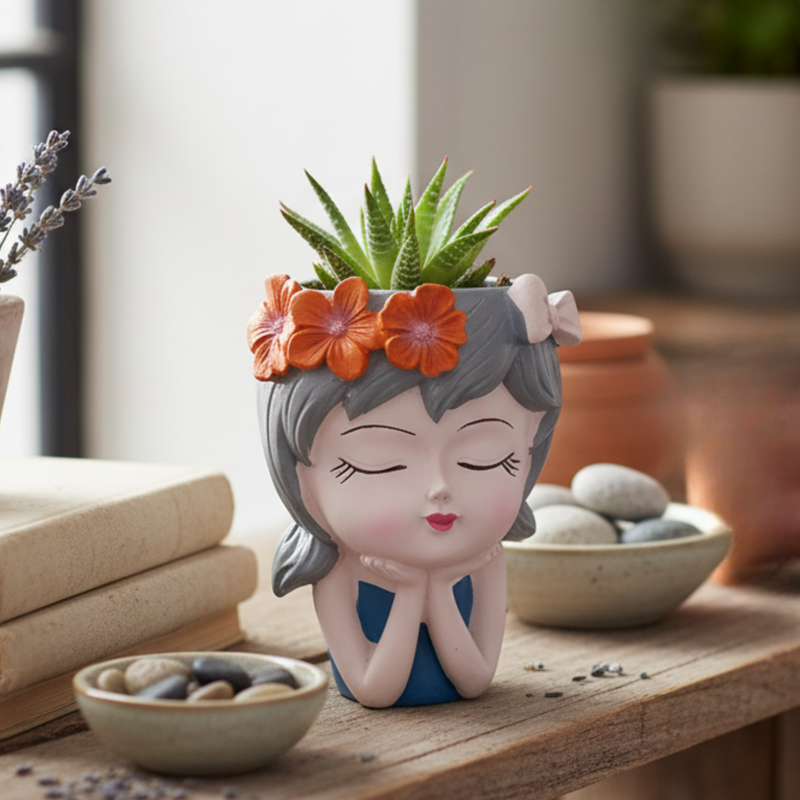 Wonderland 6 Inch Whimsical Girl Face Resin Planter – Decorative Hand-Painted Flower Pot for Indoor Plants, Cute Head Planter Vase for Home & Office Décor-3.5x2.5x6inch(Plant not Included)