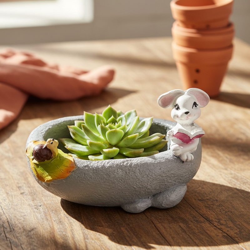 3 Inch Whimsical Reading Bunny & Snail Resin Succulent Planter